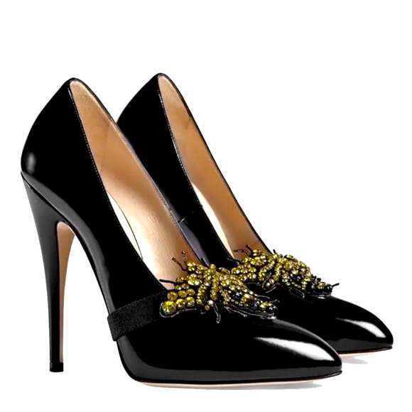 Gucci Black Leather Pumps With Removable Crystal Bee NIB Size 39.5